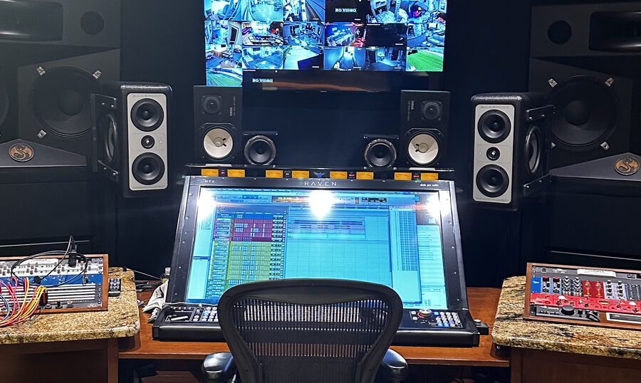 The control room at Strange Music Studios