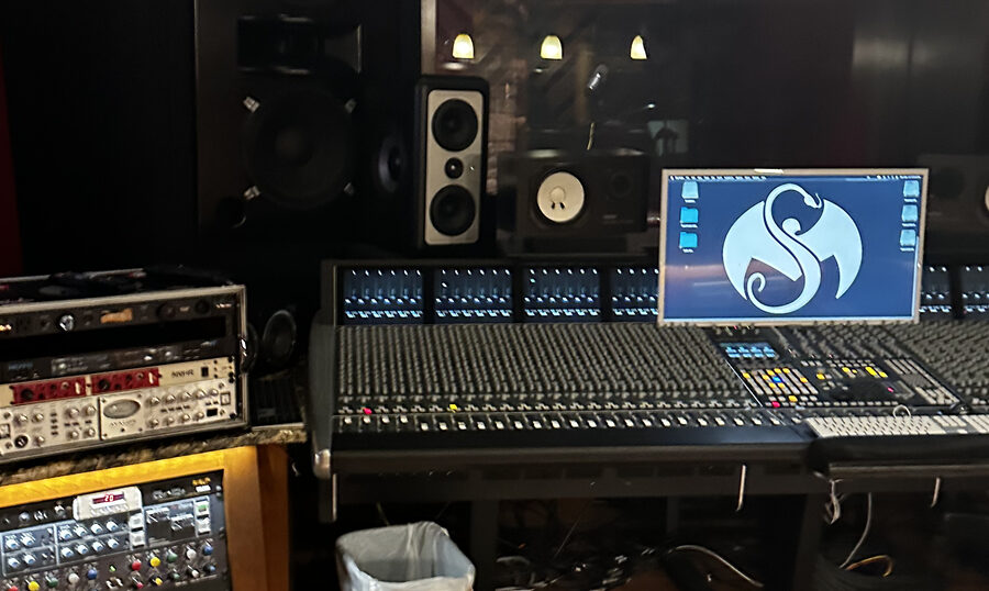 The control room at Strange Music Studios